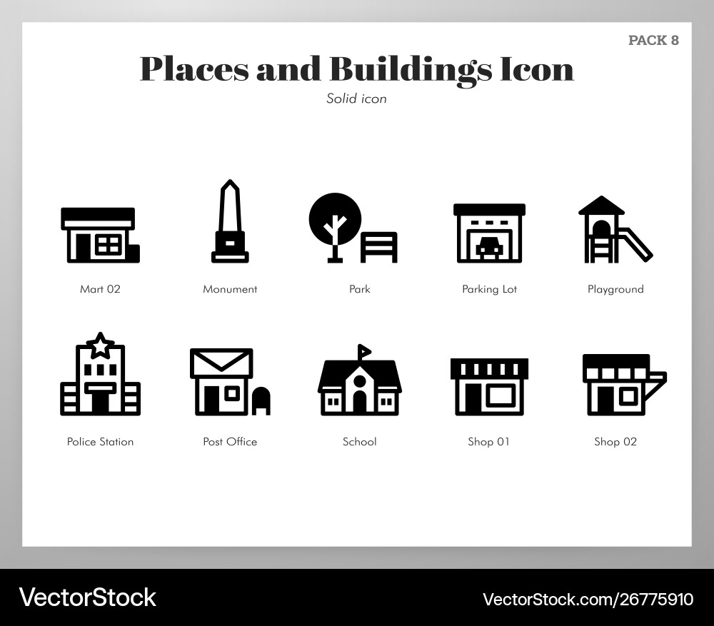 Places and buildings icons solid pack Royalty Free Vector