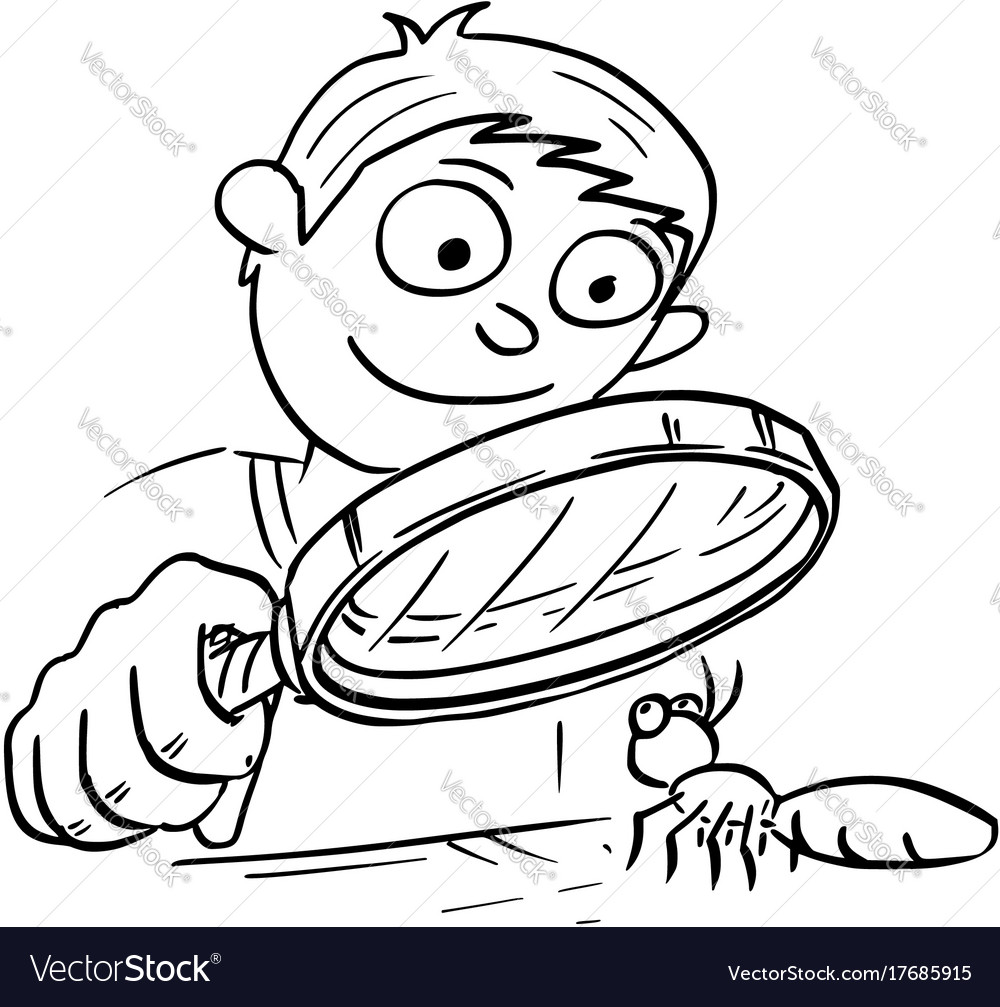 Cartoon of boy with hand magnifying glass looking