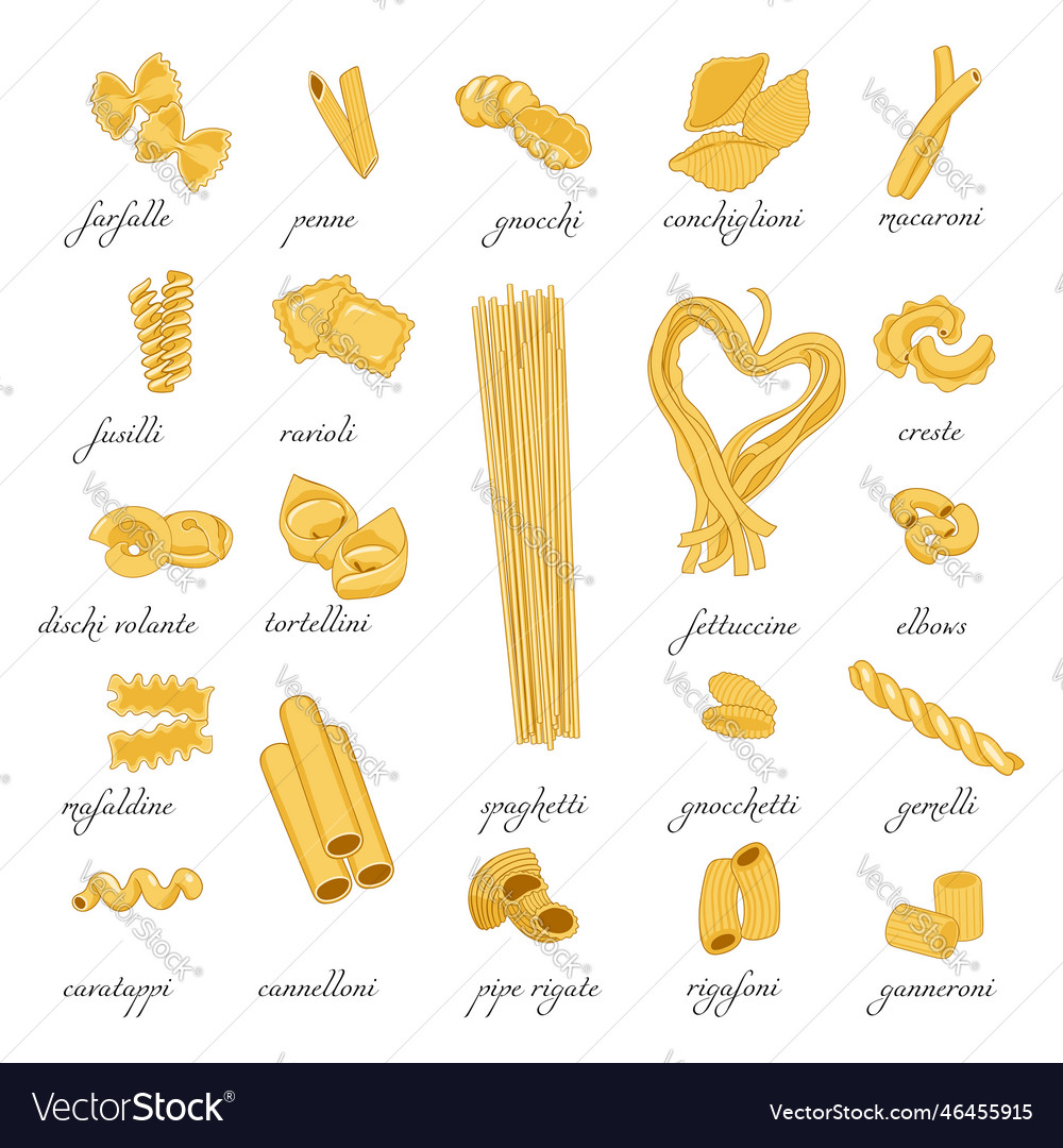 Collection of pasta set different types Royalty Free Vector