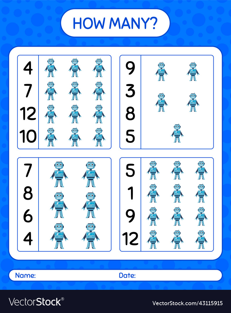 How many counting game with robot toy worksheet vector image How many counting game with robot toy worksheet