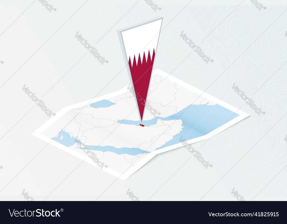 Isometric paper map of qatar with triangular flag