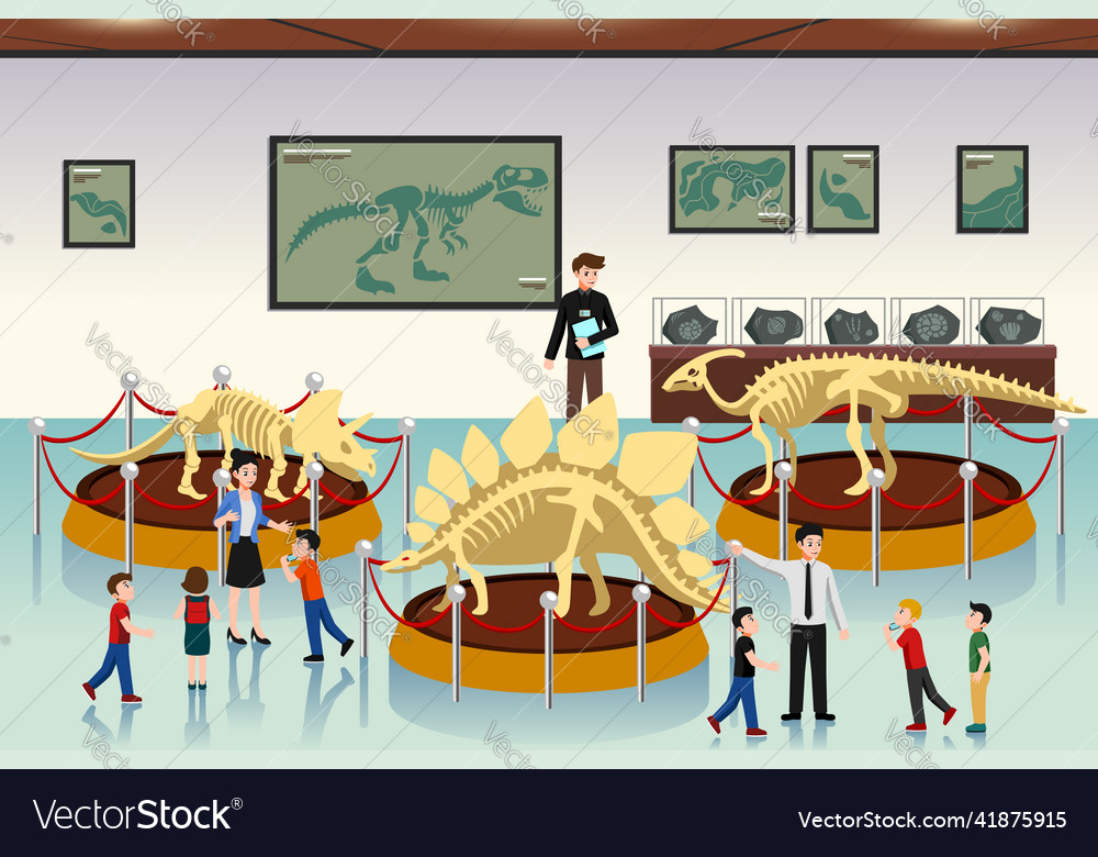 School children field trip to dinosaurs museum Vector Image