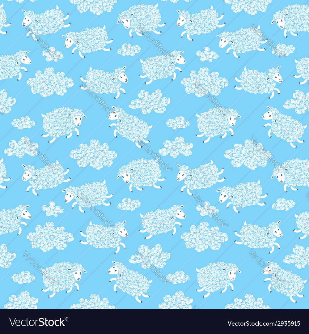 Seamless pattern with cute sheep and clouds