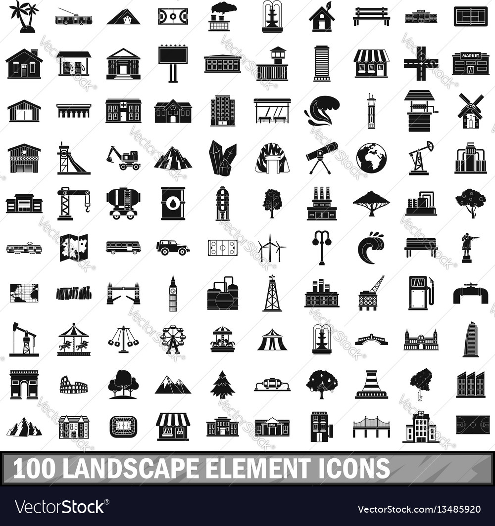 100 landscape element icons set in simple style