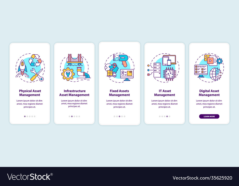 Asset management types onboarding mobile app page vector image Asset management types onboarding mobile app page