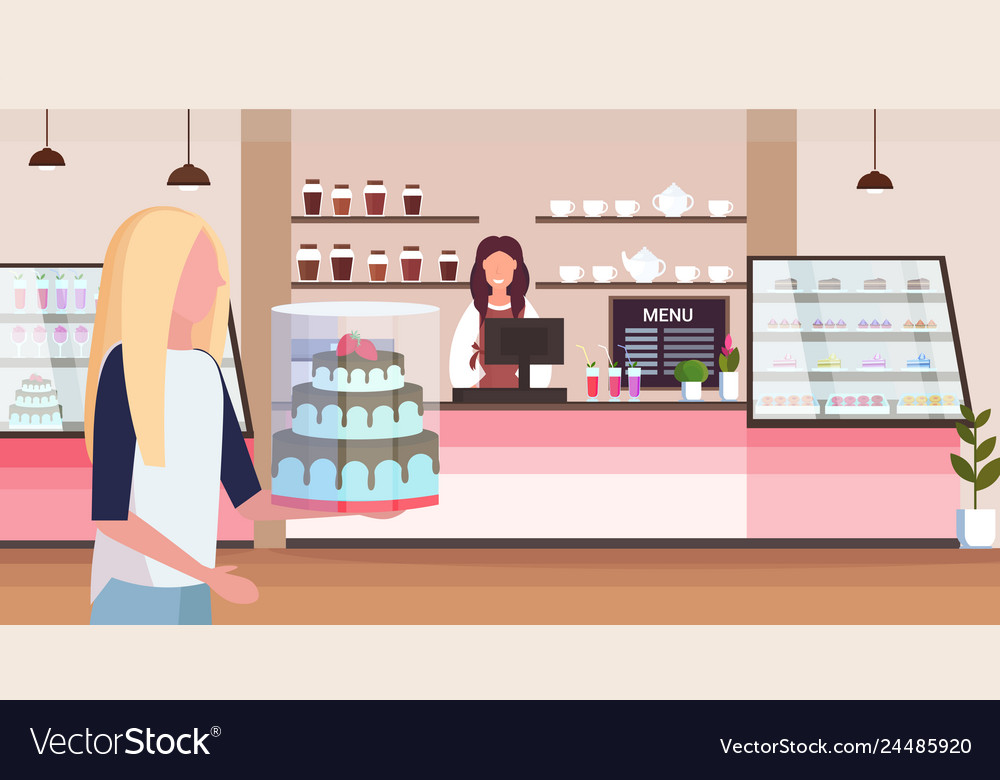 Female bakery shop owner standing behind bar vector image Female bakery shop owner standing behind bar