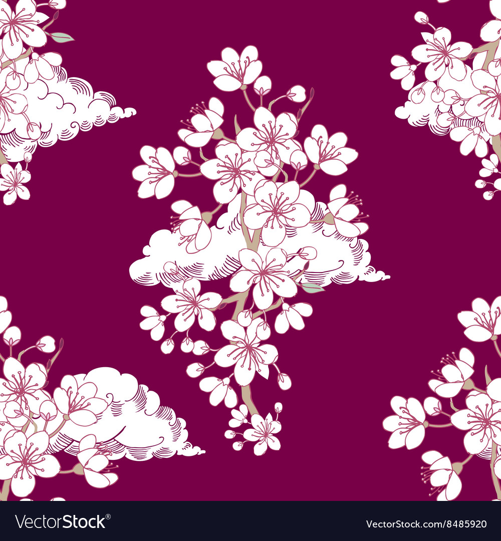 Seamless pattern with sakura and clouds