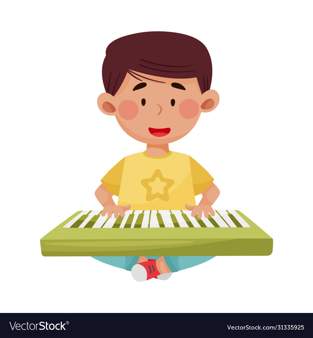 Dark haired little boy playing keyboard Royalty Free Vector