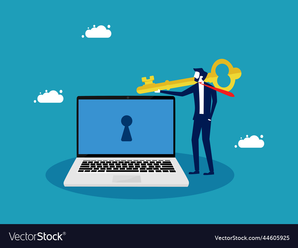 Decode or unlock businessman holding a key Vector Image