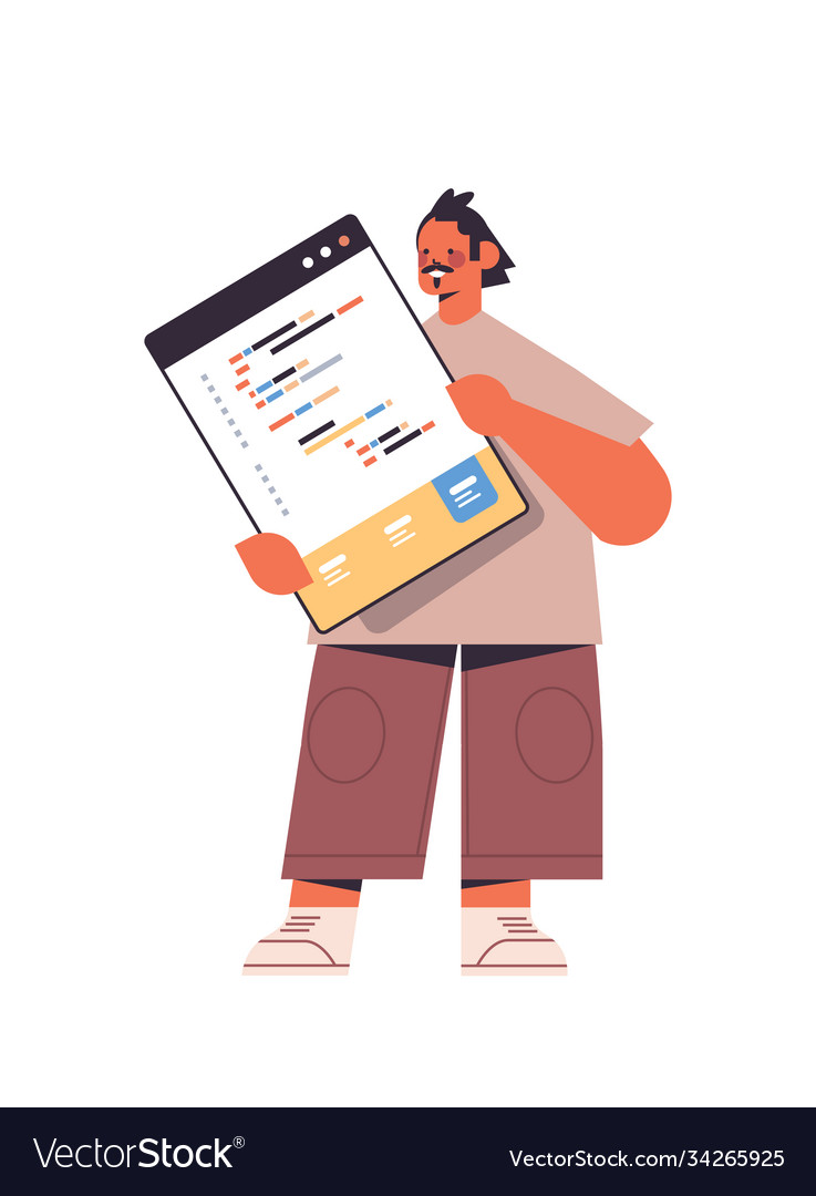 Männlich Web-Entwickler mit Tablet-Erstellungsprogramm vector image Männlich Web-Entwickler mit Tablet-Erstellungsprogramm