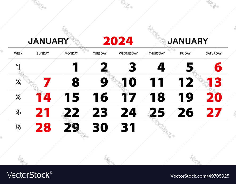 Wall calendar 2024 for january week start from Vector Image