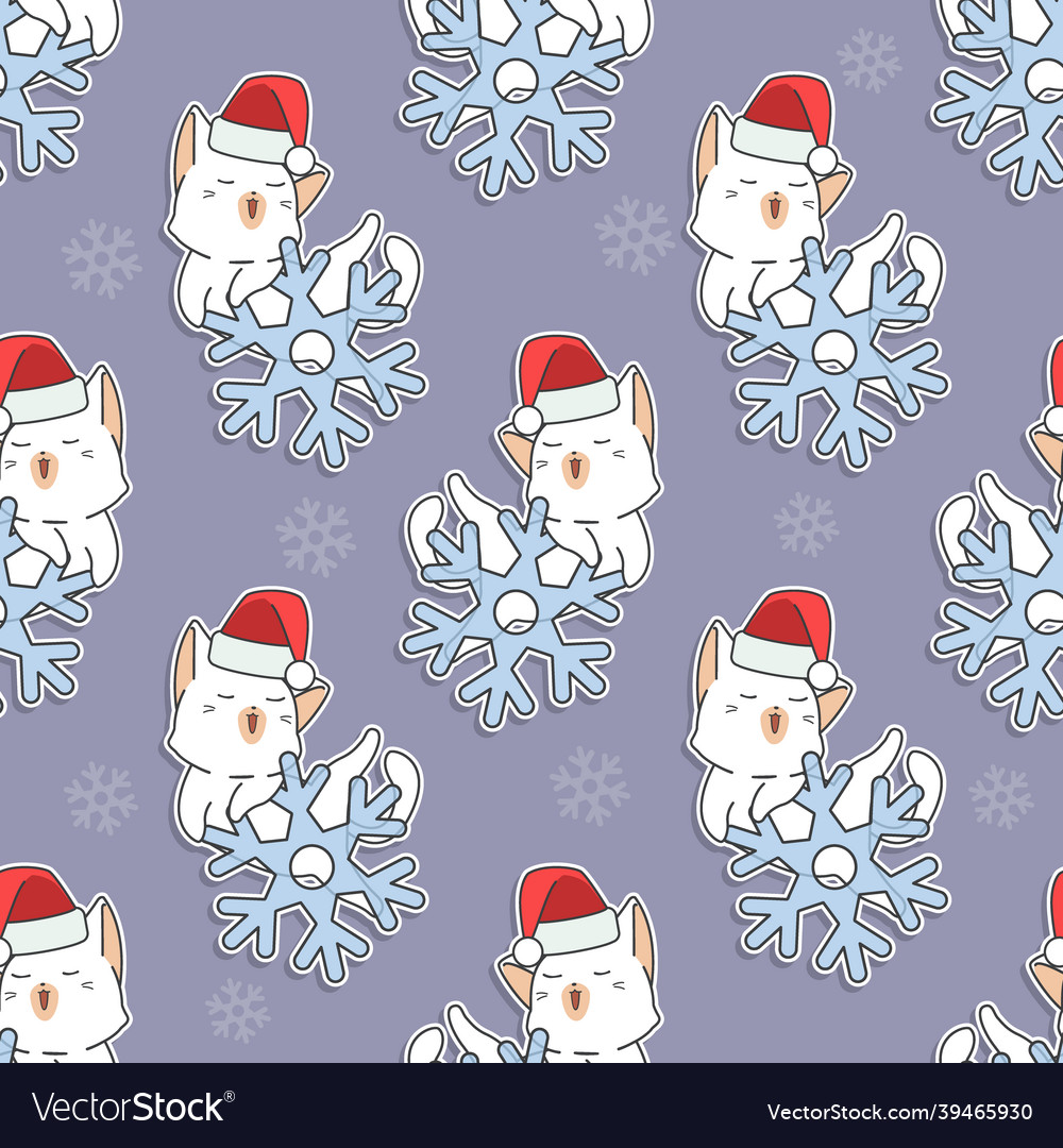 Seamless pattern cat and snowflake vector image Seamless pattern cat and snowflake