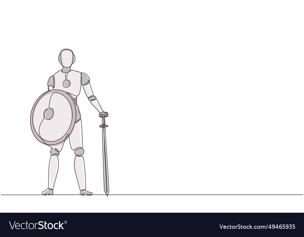 Continuous one line drawing robots stands holding vector image Continuous one line drawing robots stands holding