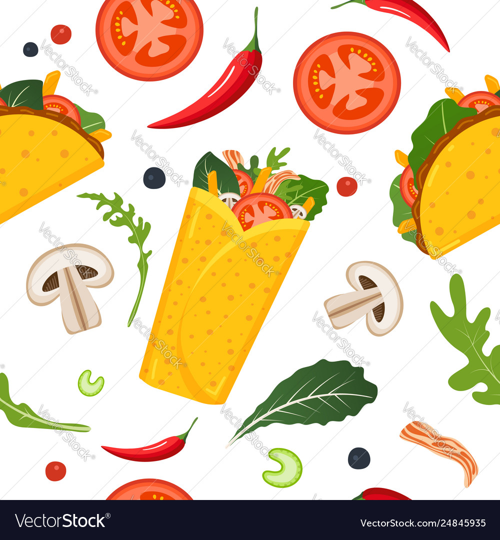 Mexican food seamless pattern burrito taco hot