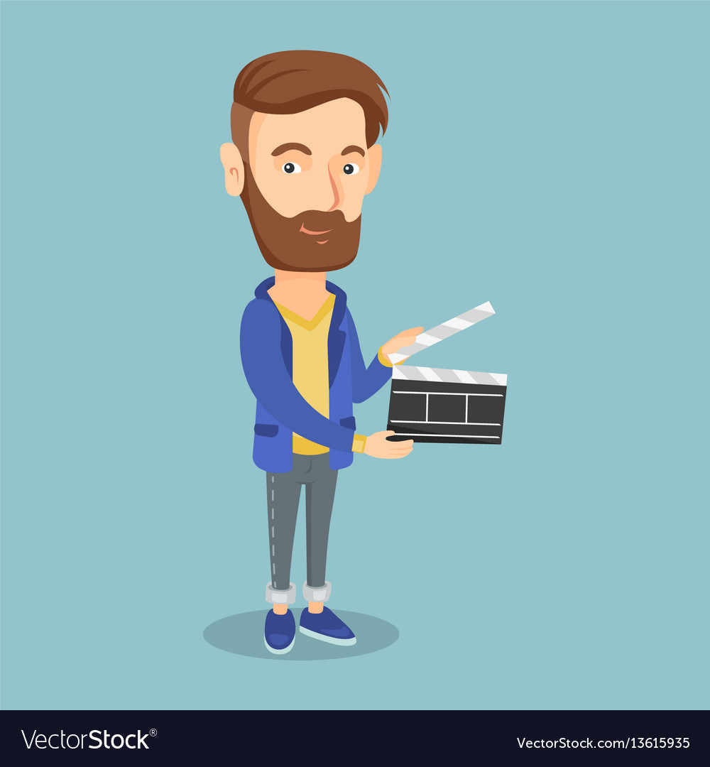 Smiling man holding an open clapperboard vector image Smiling man holding an open clapperboard