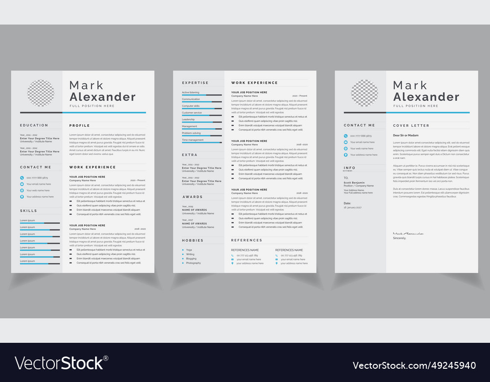 Resume layout with gray sidebar and blue accent Vector Image