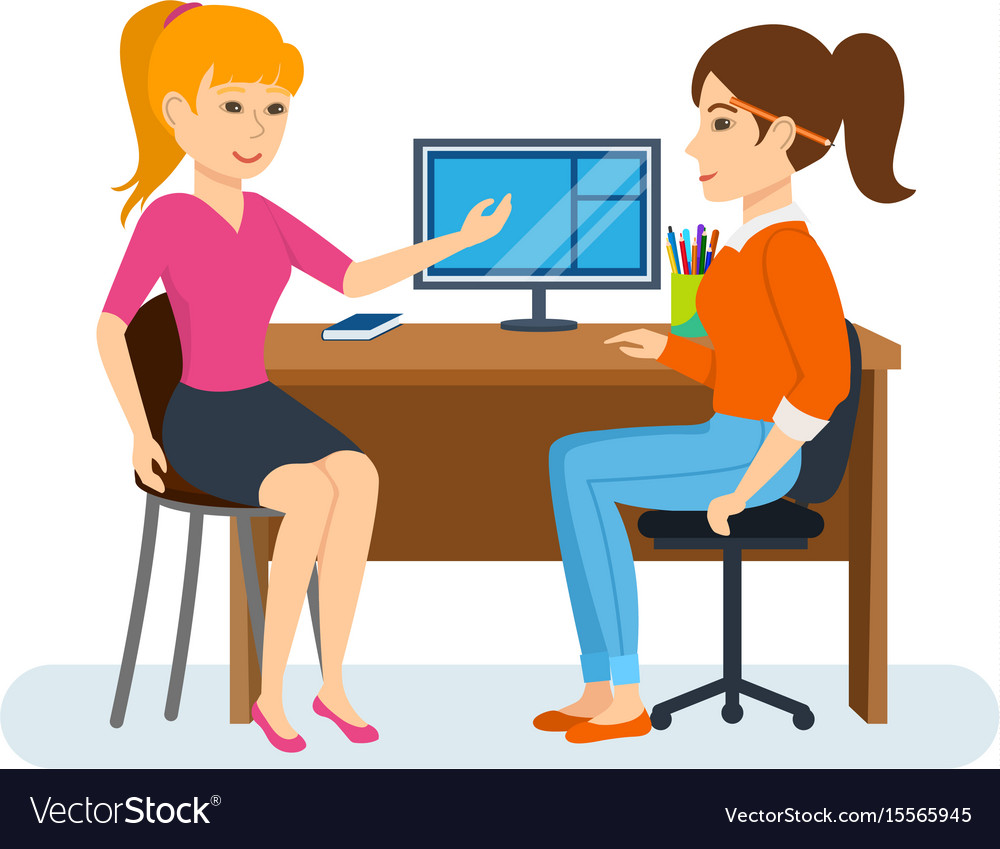 Discussing working project sitting at computer