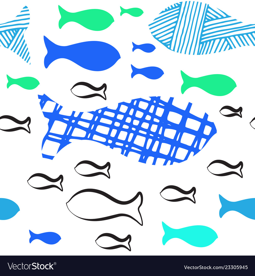 Hand drawn doodle fishes seamless pattern