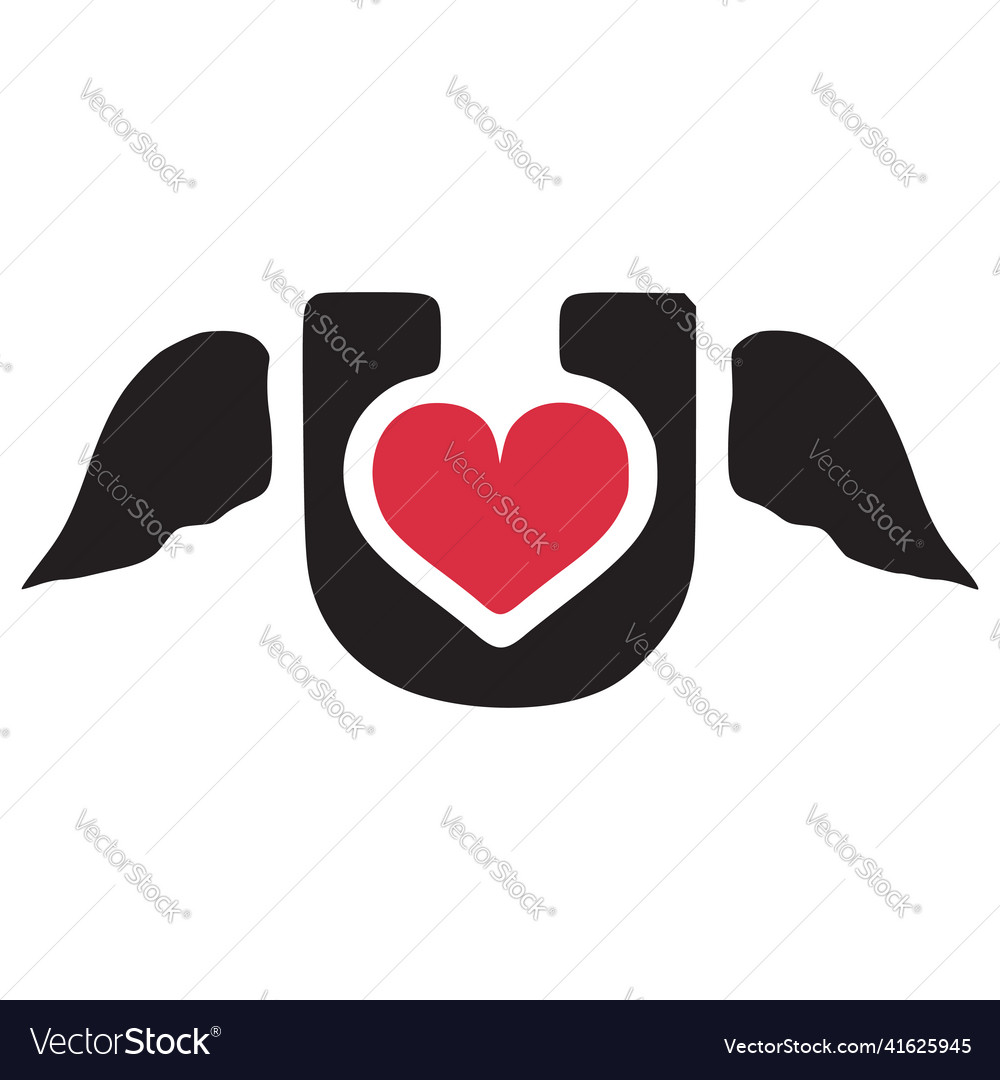 Letter u with wings and heart symbol doodle icon