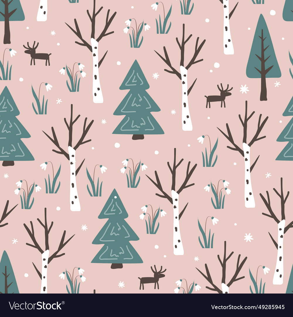 Seamless pattern with cute deer in the spring