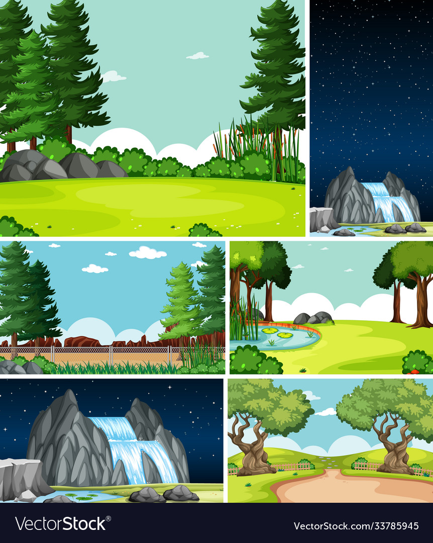 Six different scenes in nature setting cartoon Vector Image