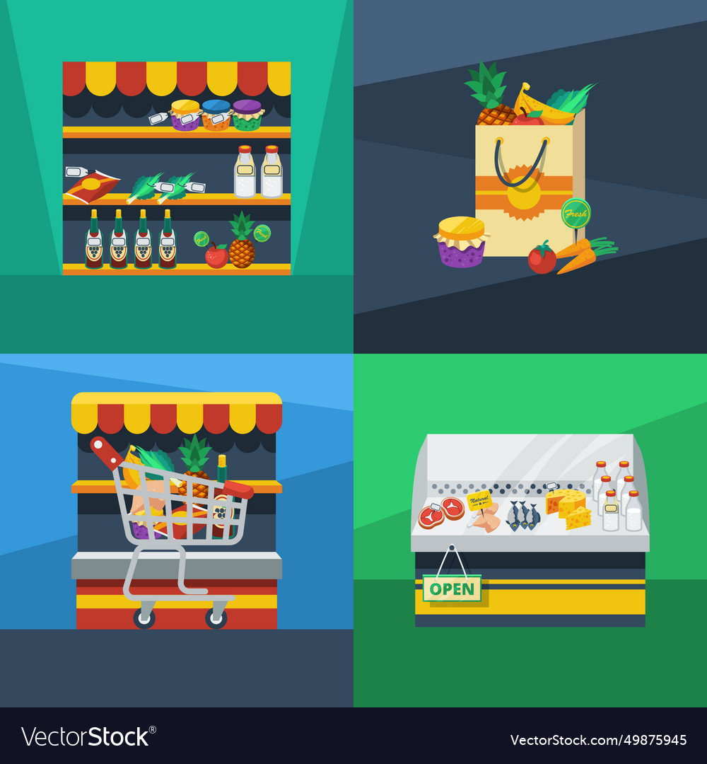 Supermarket 2x2 flat design concept Royalty Free Vector