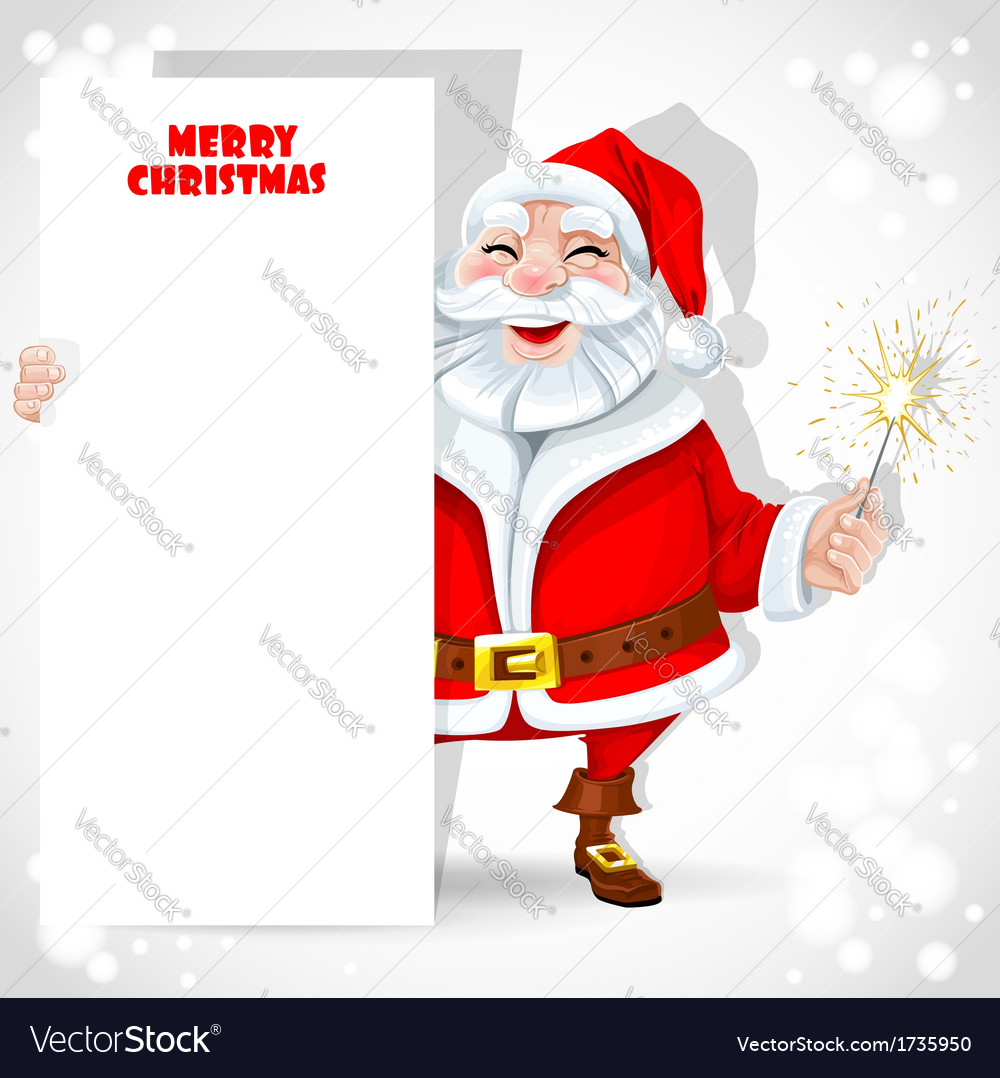 Cute santa claus holding banner and sparkler