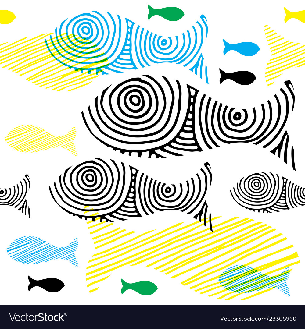 Hand drawn doodle fishes seamless pattern