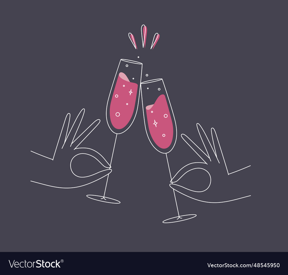 Hand holding champagne clink glasses dark blue vector image Hand holding champagne clink glasses dark blue