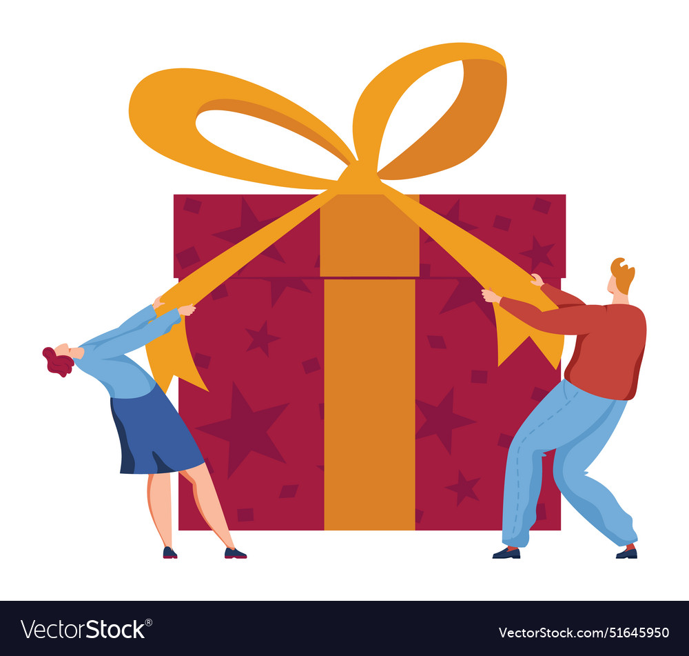 Man woman opening giant gift box oversized Vector Image