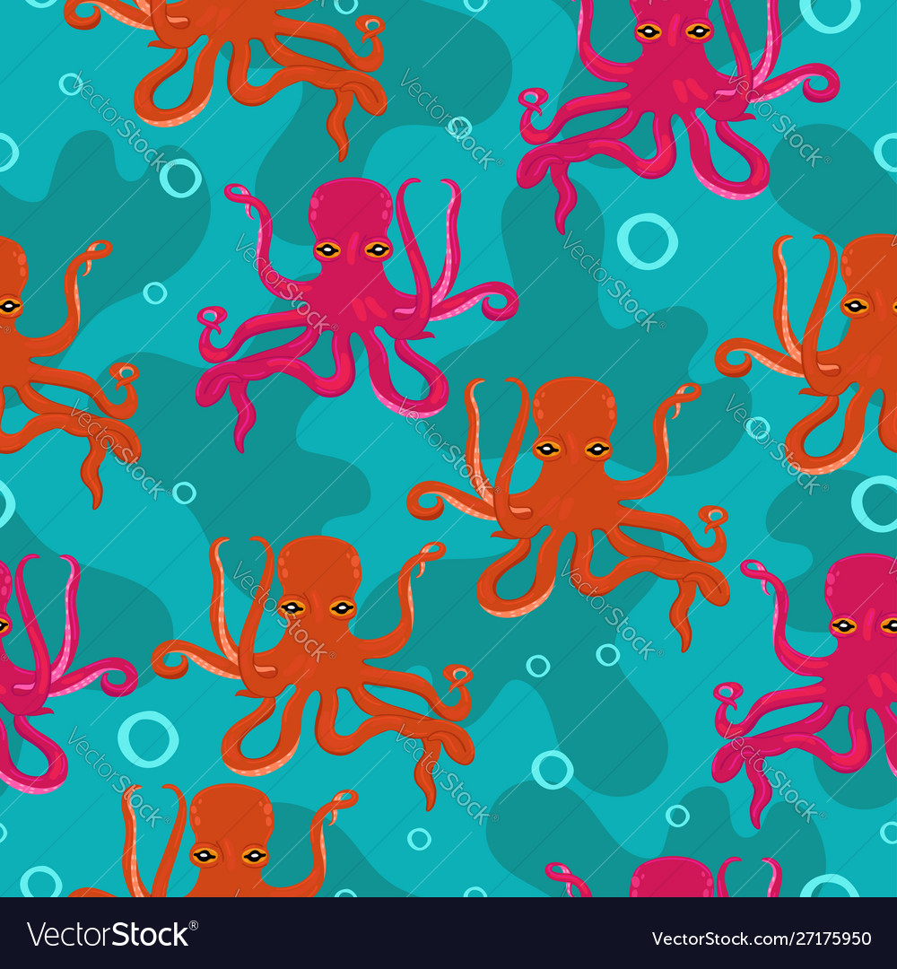 Seamless pattern with pink and red octopuses