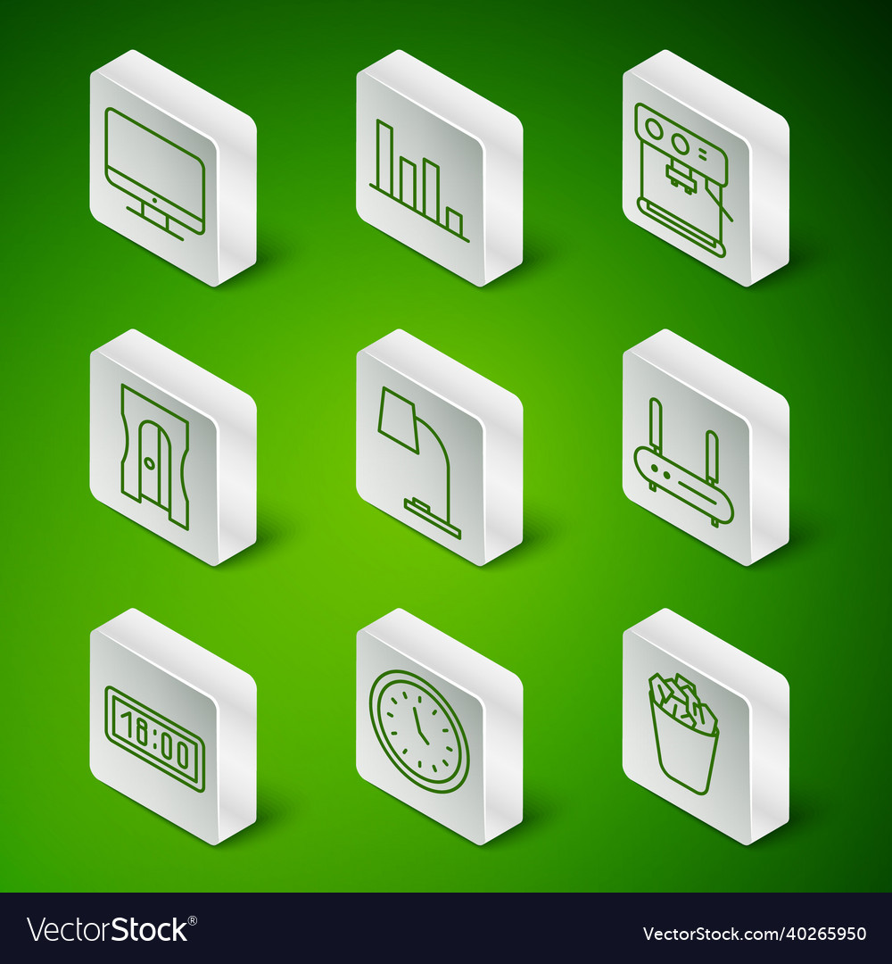 Set line full trash can clock computer monitor vector image Set line full trash can clock computer monitor