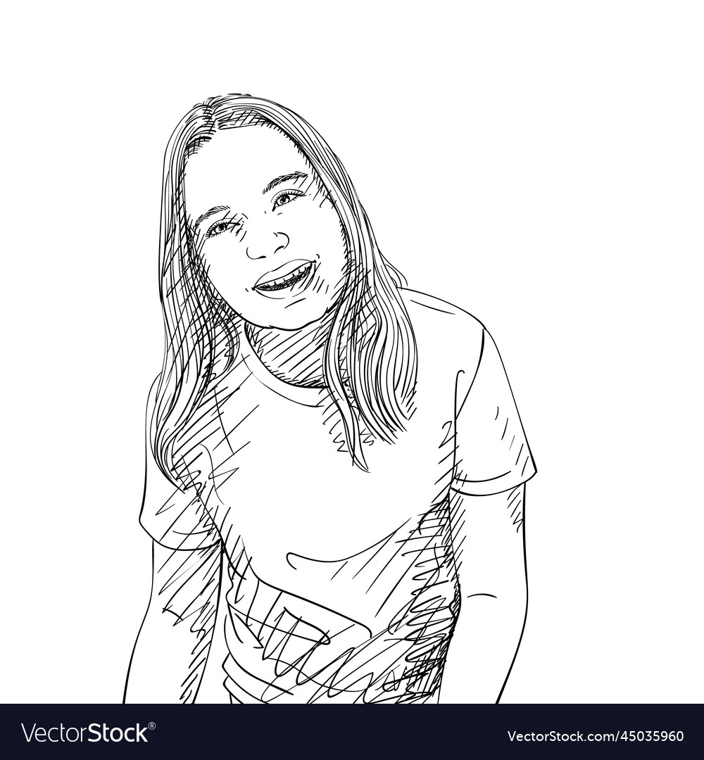 Hand drawn of young girl smiling happy sketch Vector Image