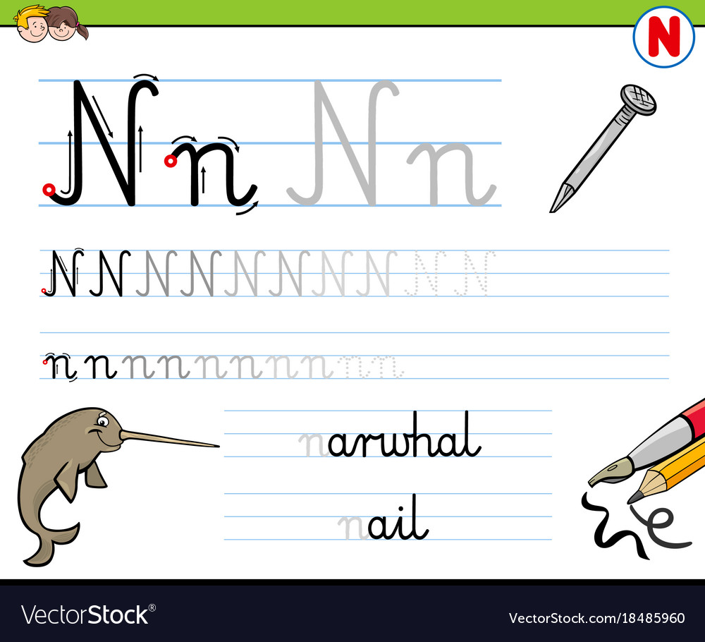 How to write letter n worksheet for kids Vector Image