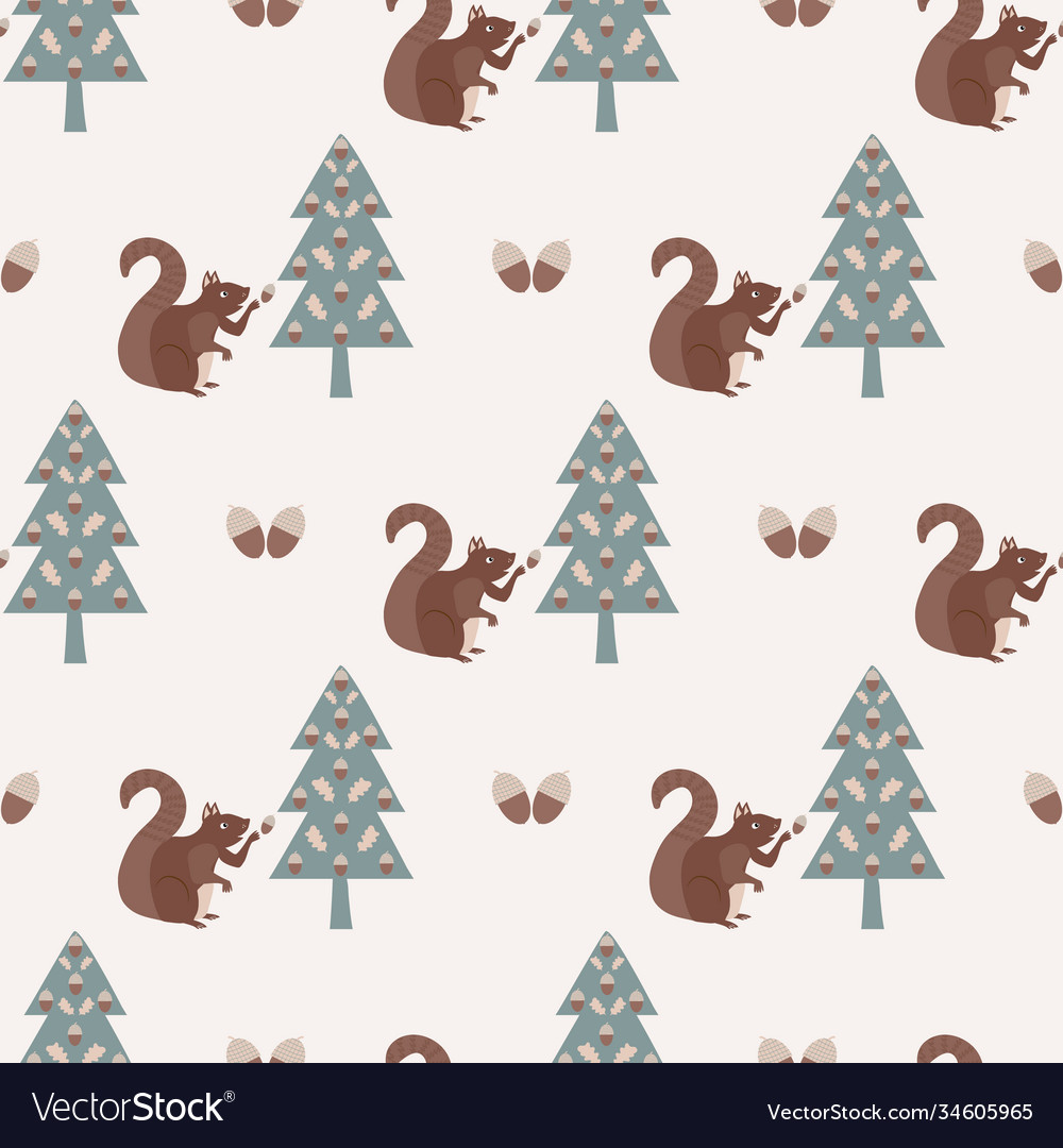 Cute squirrel in forest seamless pattern vector image Cute squirrel in forest seamless pattern