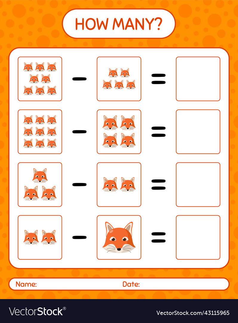 How many counting game with red fox worksheet vector image How many counting game with red fox worksheet