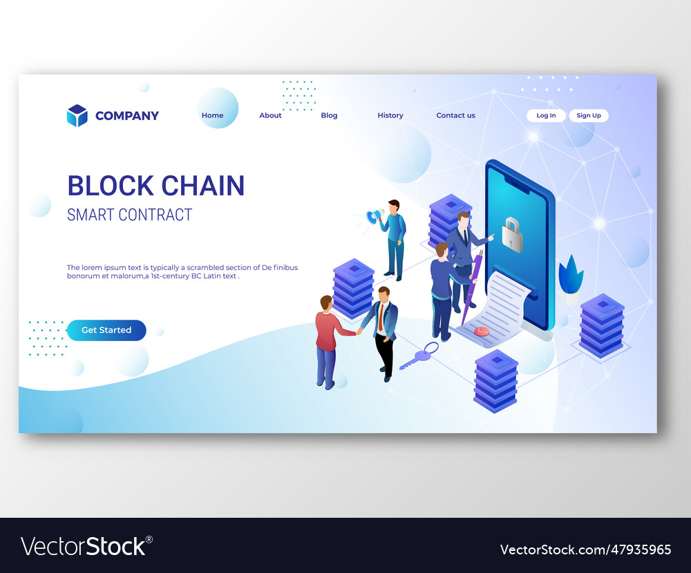 Smart contract blockchain landing page design Vector Image Smart contract blockchain landing page design