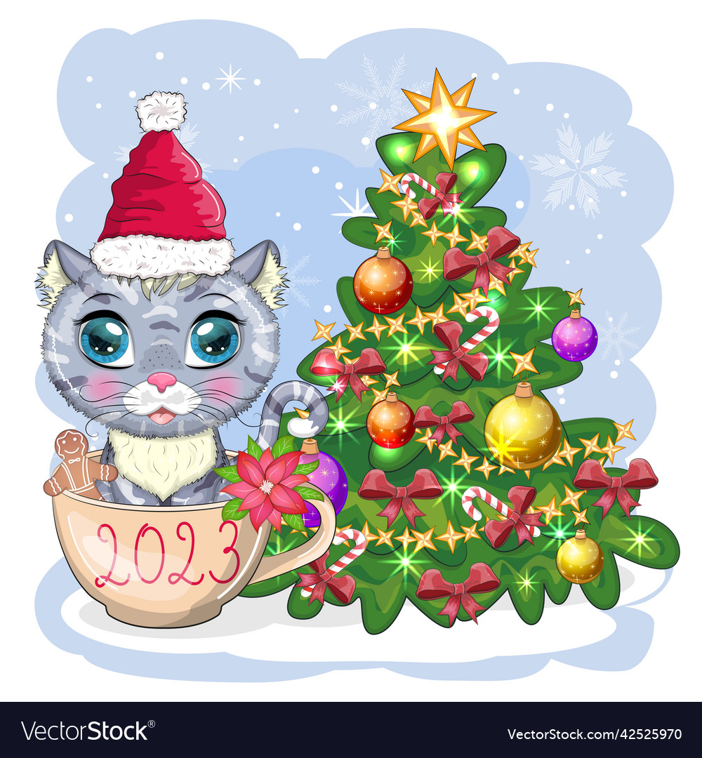 Cute cartoon cat in santas hat near the decorated