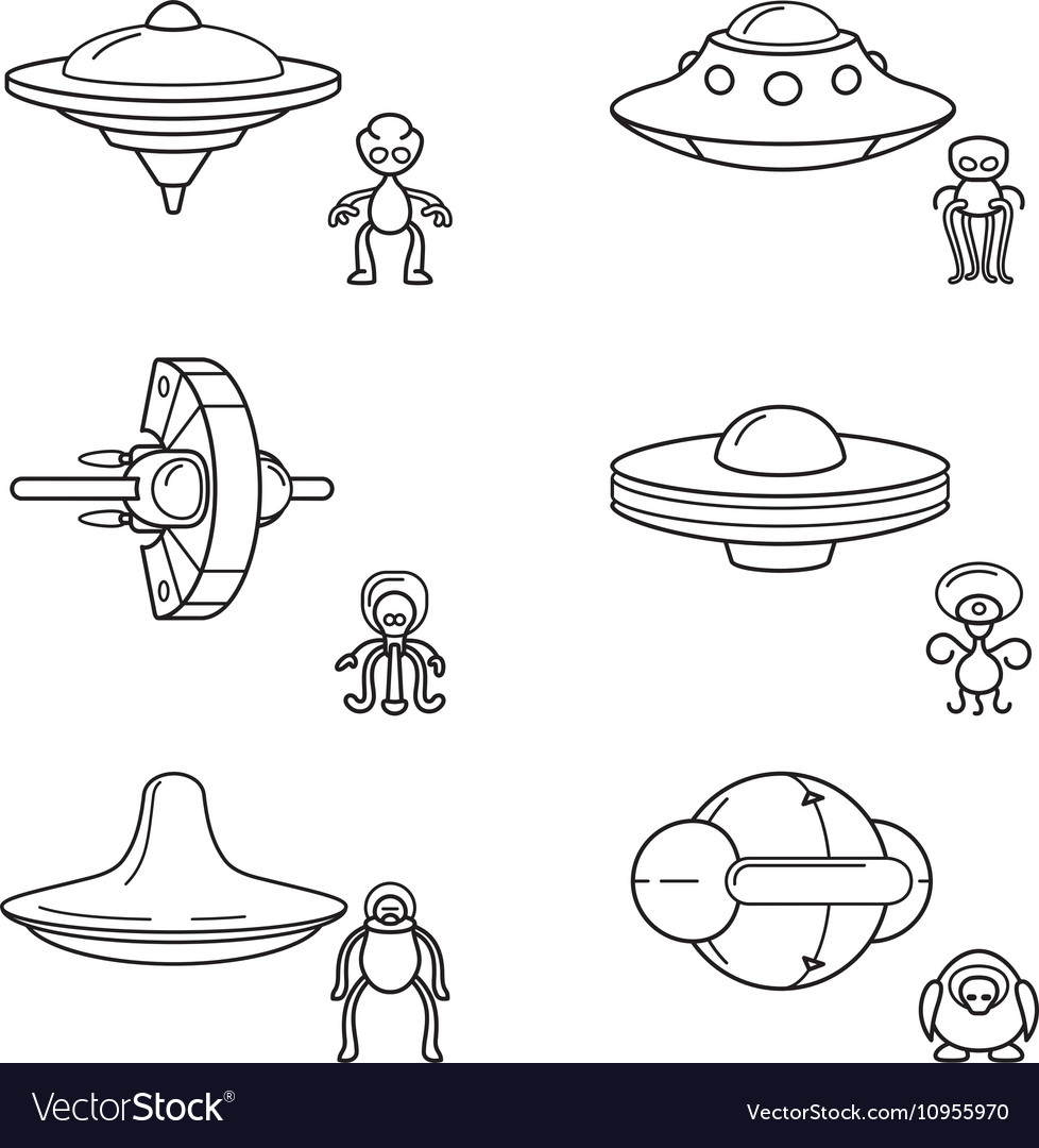 Thin line aliens with spaceships icons