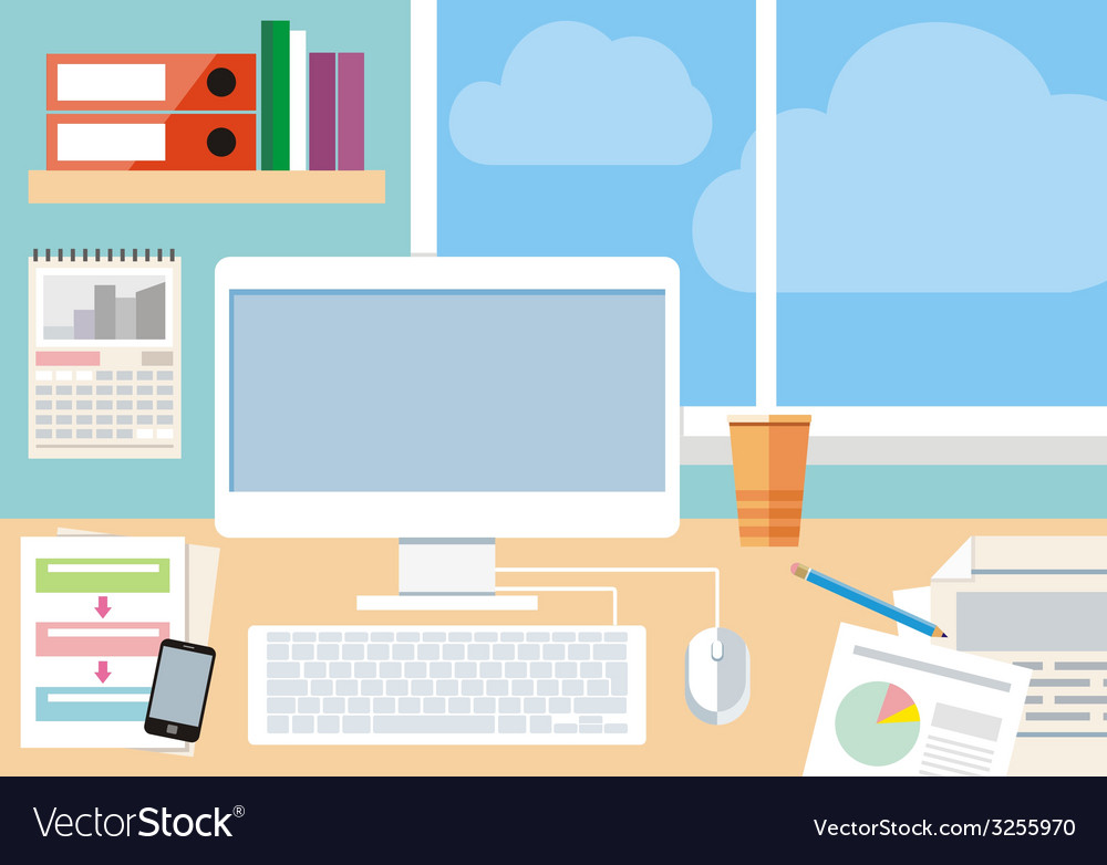 Workplace with computer smartphone and window