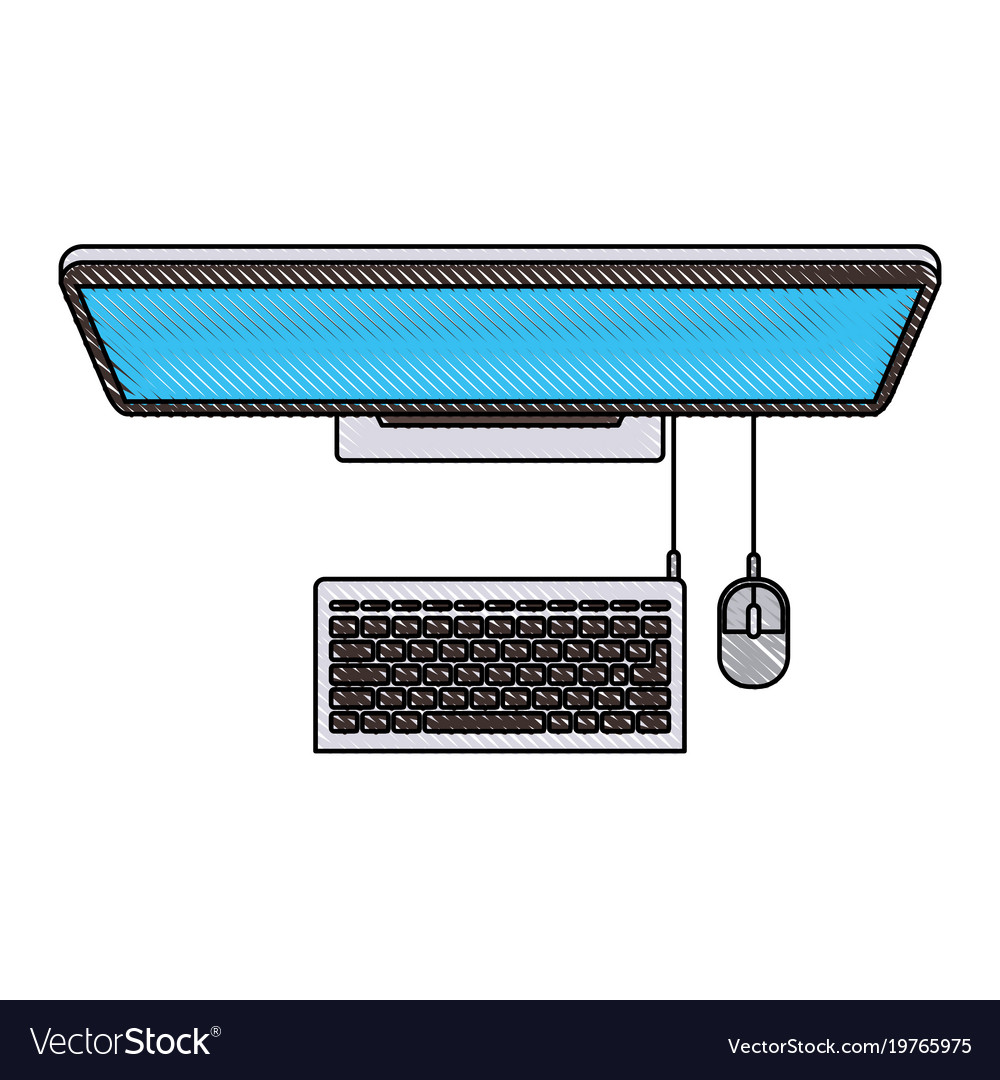 Desktop computer on top view in colored crayon