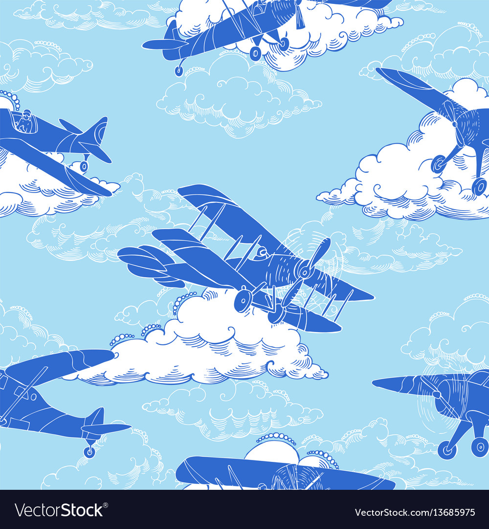 Seamless pattern with clouds and airplanes