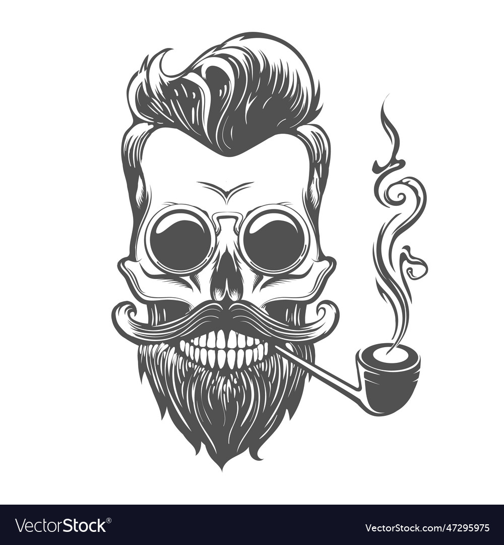 Skul with mustache beard tobacco pipe and glasses Vector Image