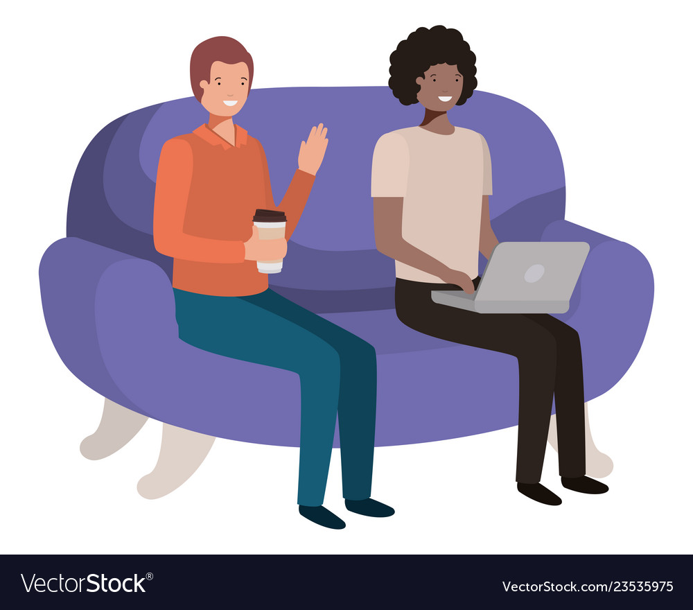 Young men sitting on sofa avatar character