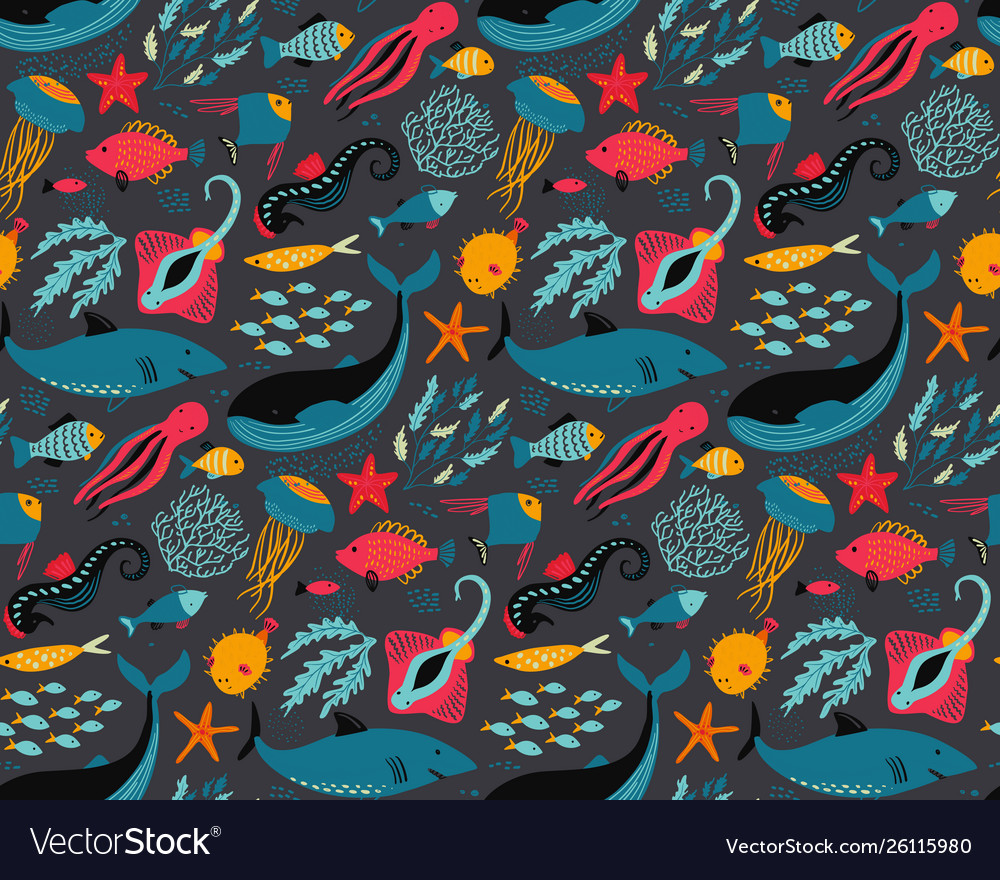 Seamless pattern with fish and sea animals vector image Seamless pattern with fish and sea animals