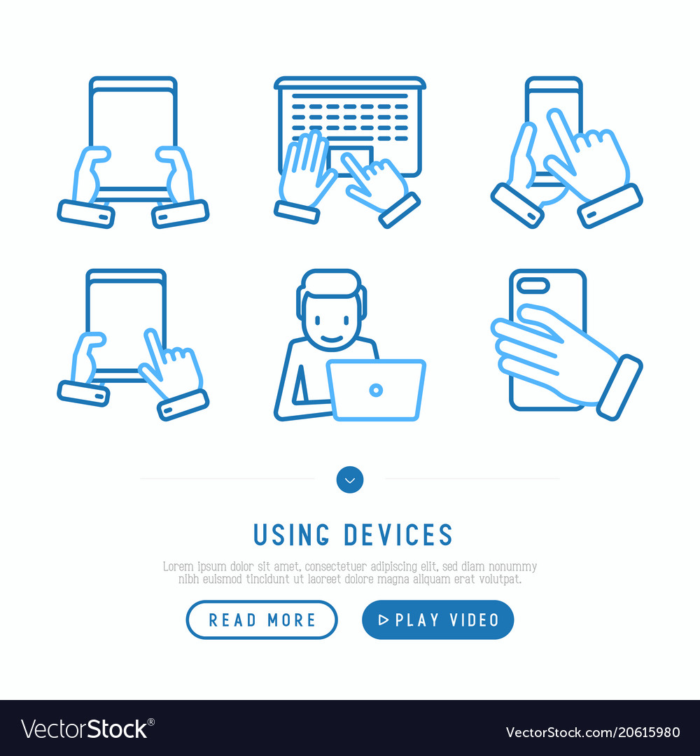 Using devices thin line icons set