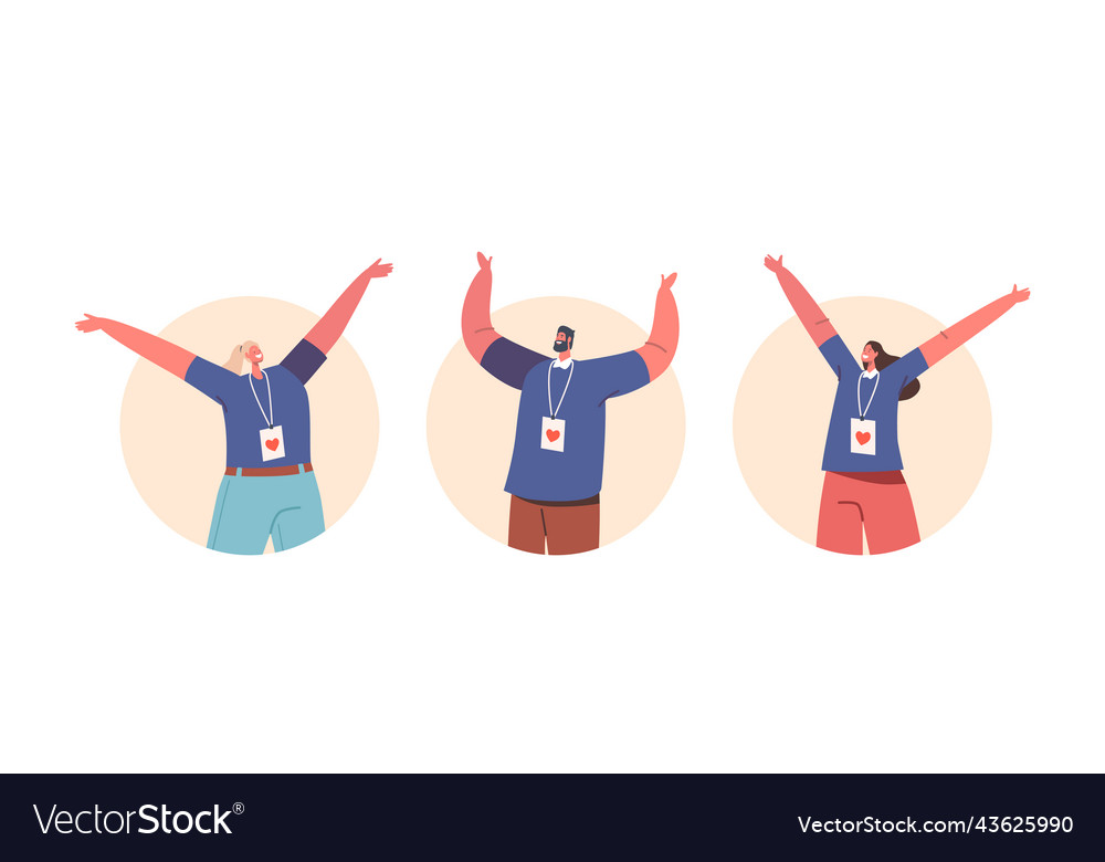 Happy volunteers team rejoice isolated round icons