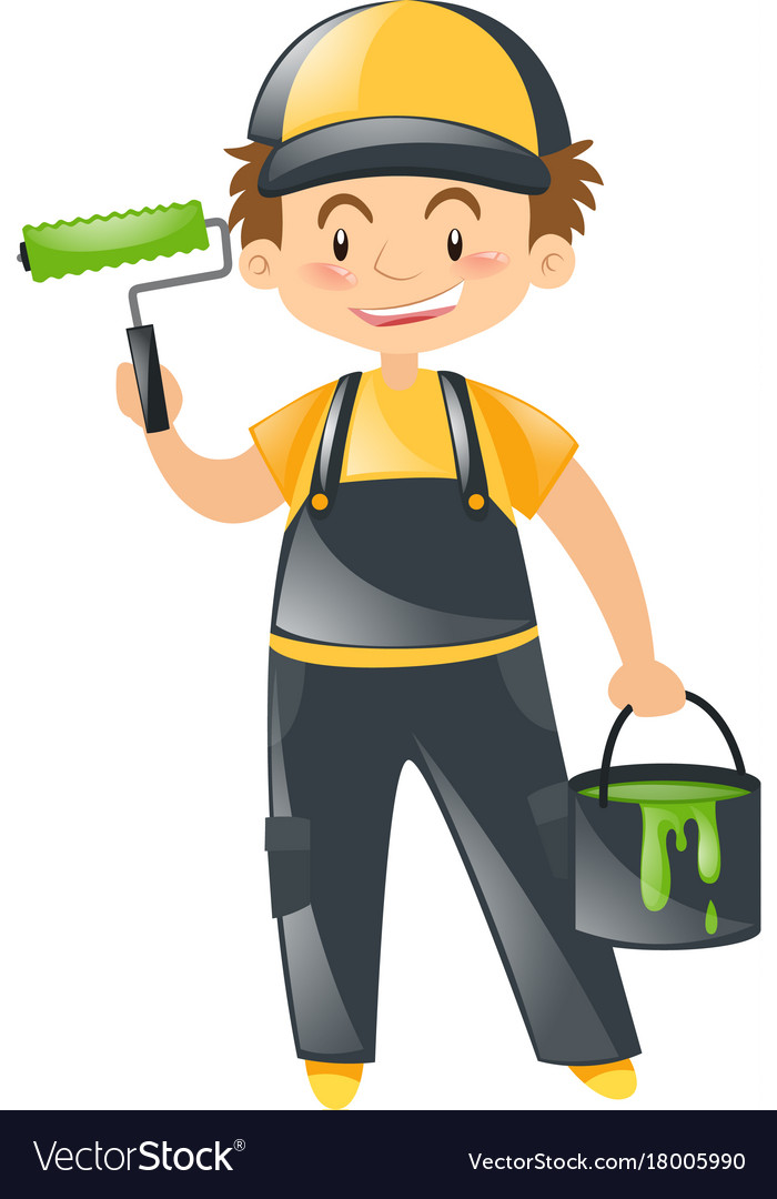 Painter With Green Paint Bucket Royalty Free Vector Image