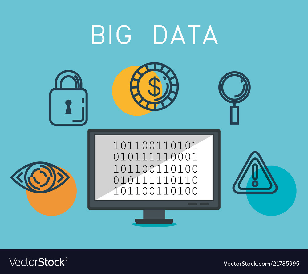 Desktop computer with big data icons vector image Desktop computer with big data icons