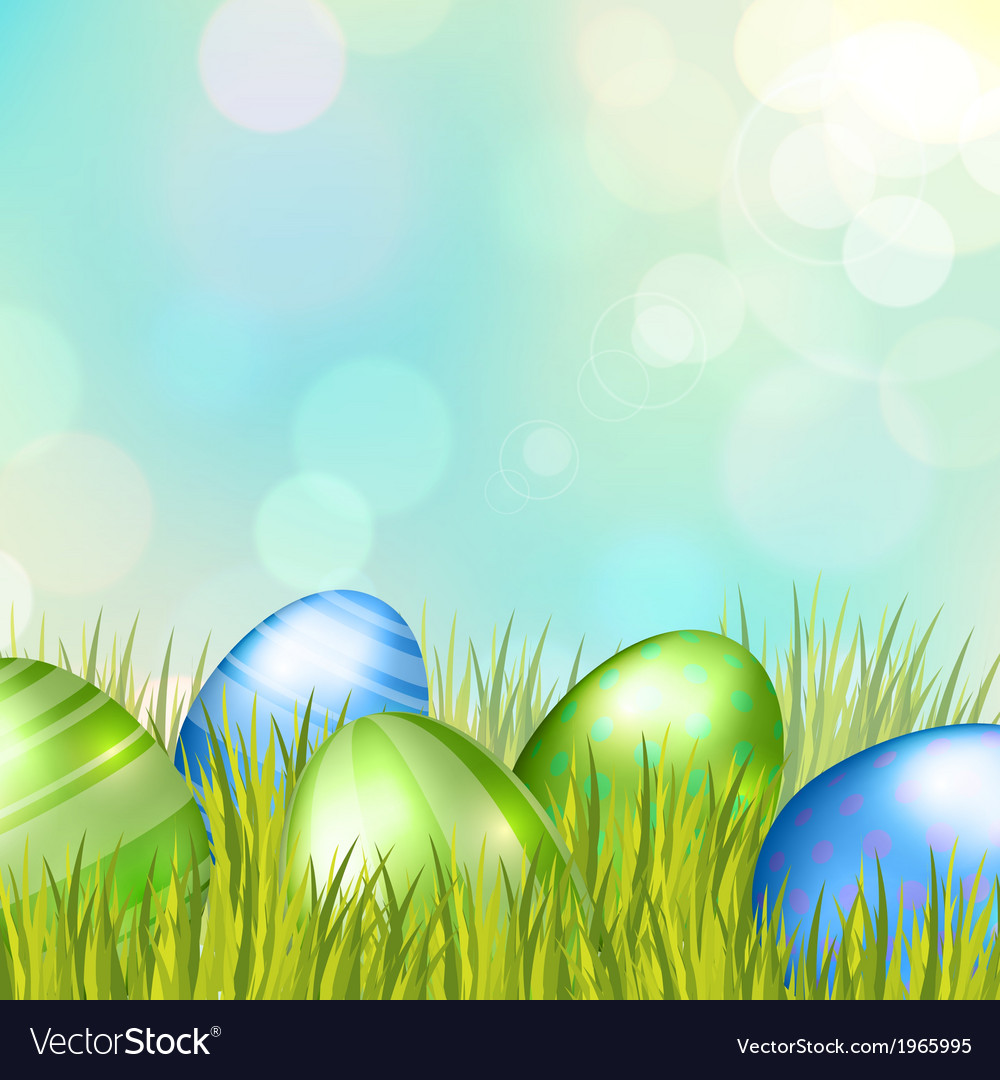 Easter bokeh background with eggs on meadow Vector Image